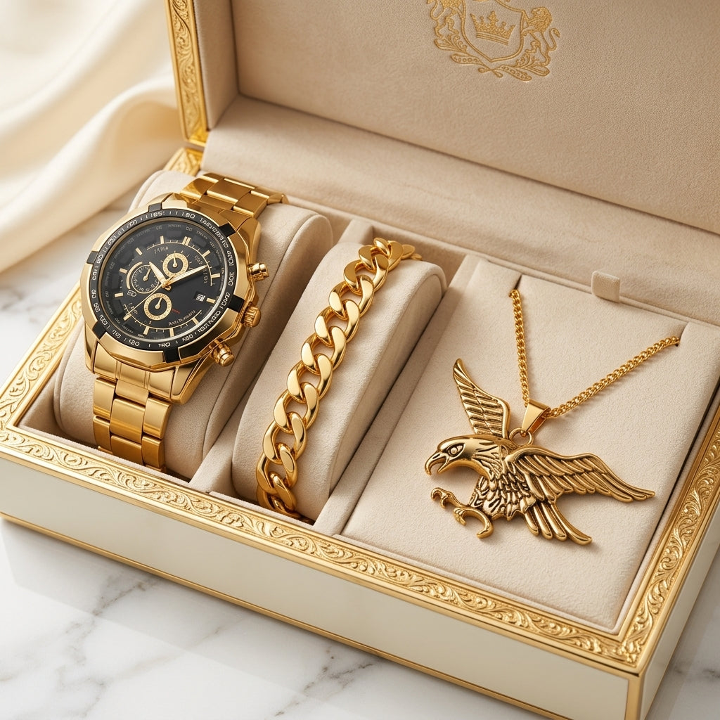 AQUILA Set Homme 3 Pièces · Montre Or & Noir + Gourmette & Pendentif Aigle - ML