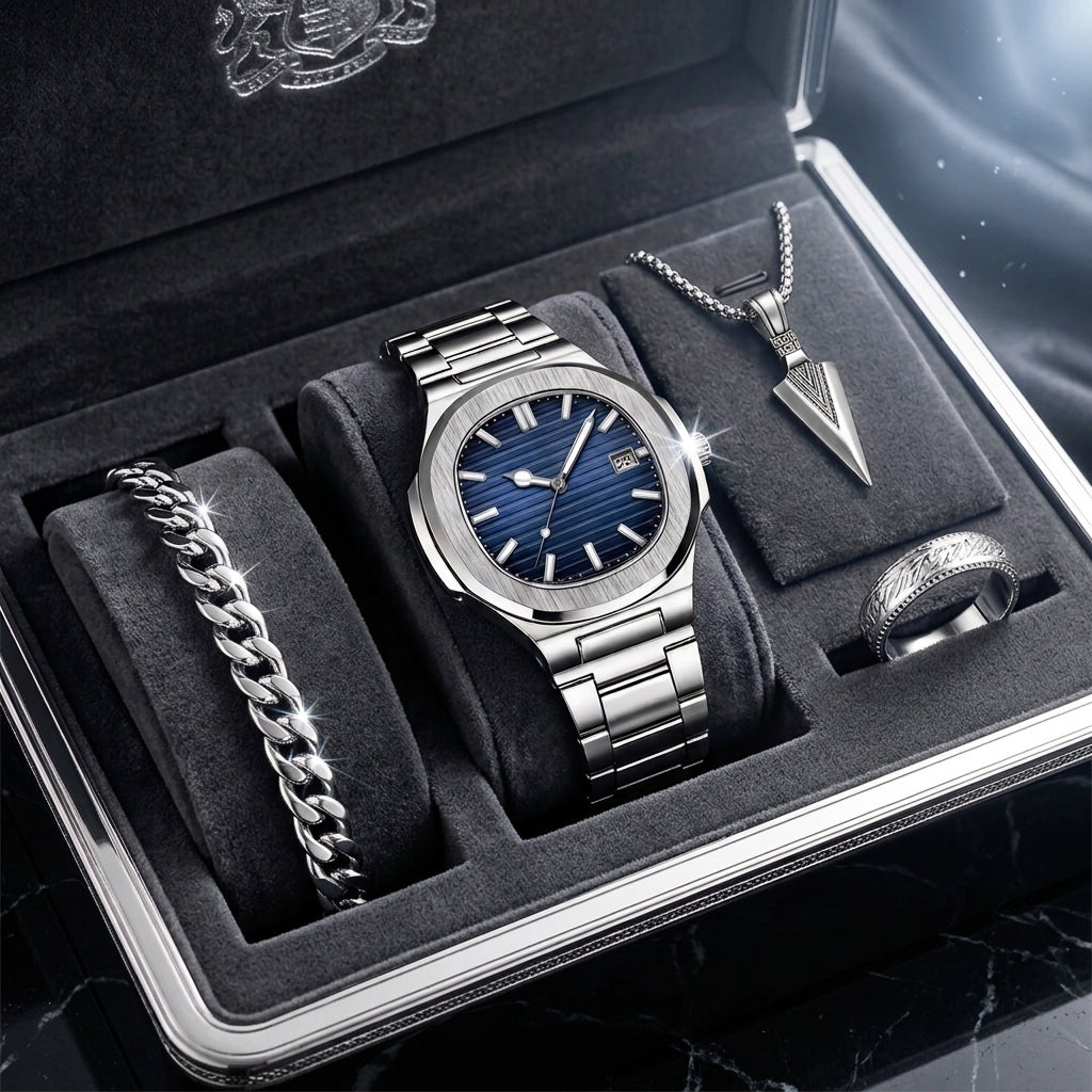SPARTA ⚔️ Set Homme 4 Pièces · Montre Cadran Bleu + Gourmette, Pendentif & Bague - ML