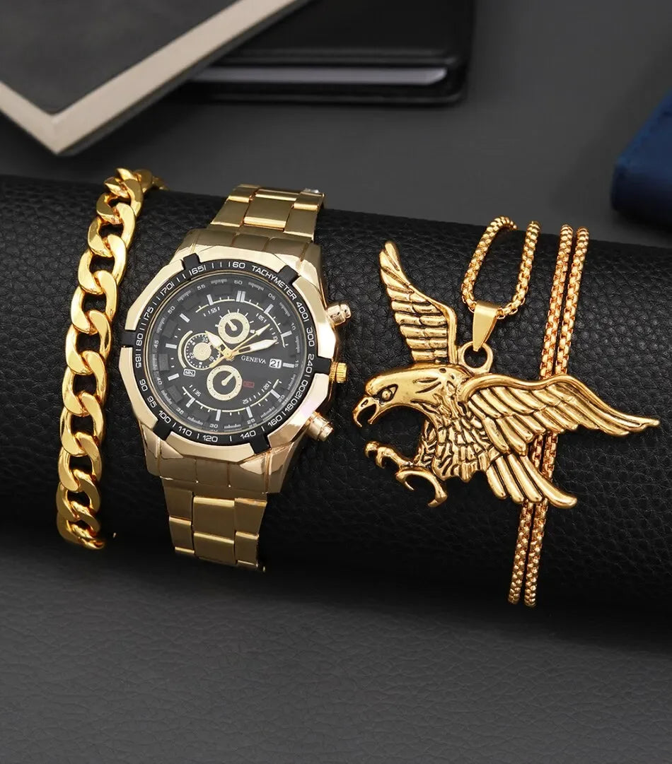 AQUILA Set Homme 3 Pièces · Montre Or & Noir + Gourmette & Pendentif Aigle - CI