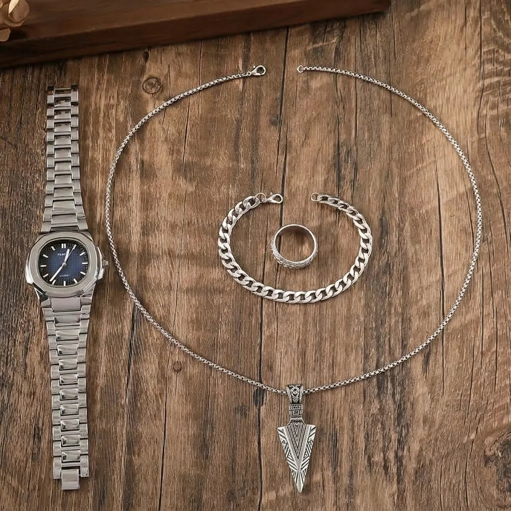 SPARTA ⚔️ Set Homme 4 Pièces · Montre Cadran Bleu + Gourmette, Pendentif & Bague - CI