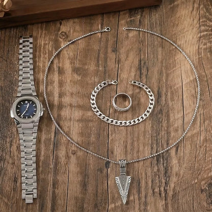 SPARTA ⚔️ Set Homme 4 Pièces · Montre Cadran Bleu + Gourmette, Pendentif & Bague - CI