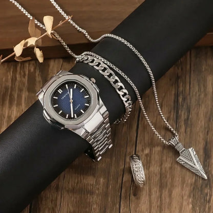 SPARTA ⚔️ Set Homme 4 Pièces · Montre Cadran Bleu + Gourmette, Pendentif & Bague - CI