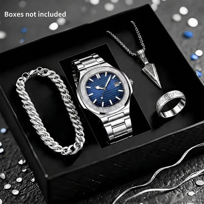 SPARTA ⚔️ Set Homme 4 Pièces · Montre Cadran Bleu + Gourmette, Pendentif & Bague - CI