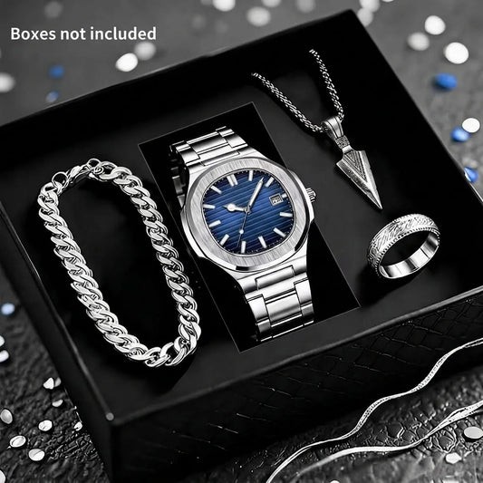 SPARTA ⚔️ Set Homme 4 Pièces · Montre Cadran Bleu + Gourmette, Pendentif & Bague - CI