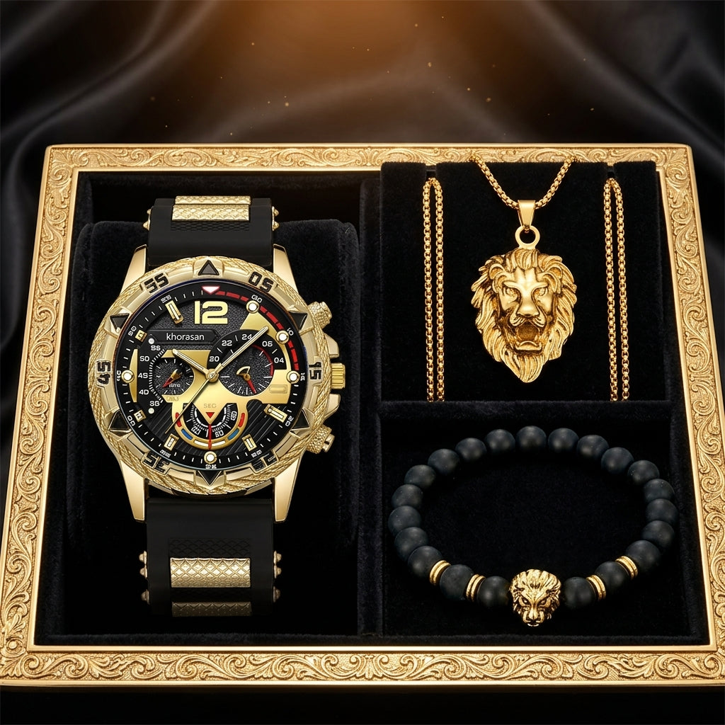 LEONIS 🦁 Set Homme 3 Pièces · Montre + Bracelet + Chaîne Lion - ML