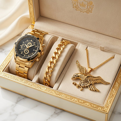 AQUILA Set Homme 3 Pièces · Montre Or & Noir + Gourmette & Pendentif Aigle - ML