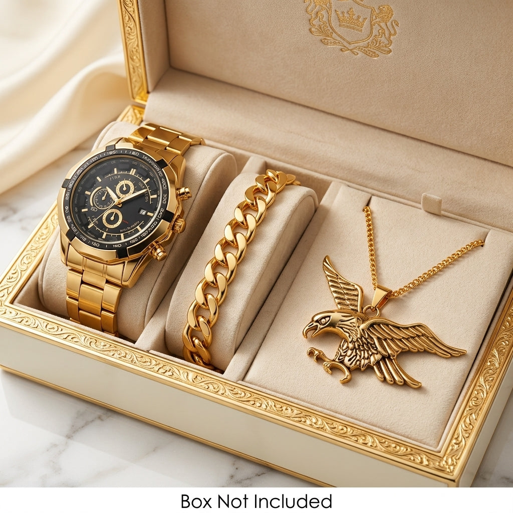 AQUILA Set Homme 3 Pièces · Montre Or & Noir + Gourmette & Pendentif Aigle - ML