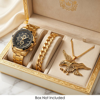 AQUILA Set Homme 3 Pièces · Montre Or & Noir + Gourmette & Pendentif Aigle - ML
