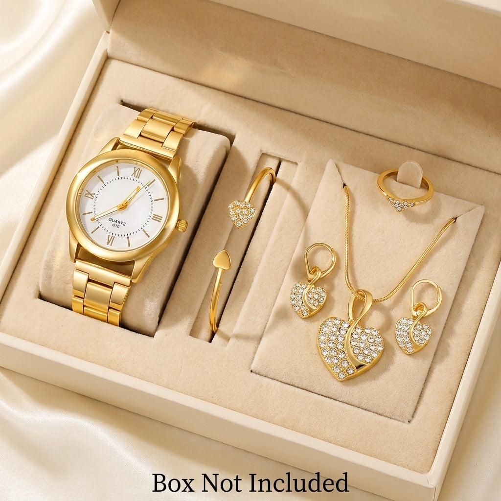 AMORA Set Femme 5 Pièces · Montre Dorée + 4 Bijoux Cœur Sertis - BF