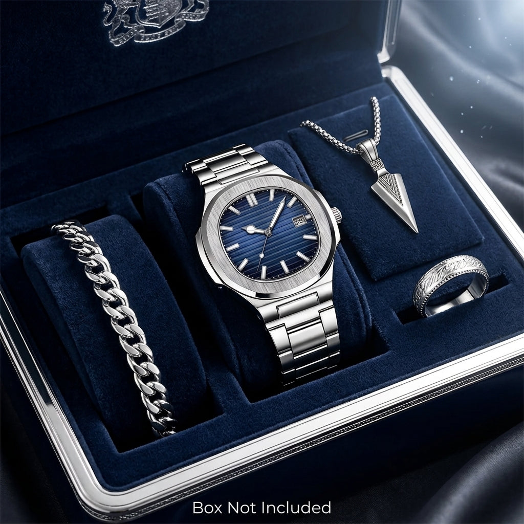 SPARTA ⚔️ Set Homme 4 Pièces · Montre Cadran Bleu + Gourmette, Pendentif & Bague - ML