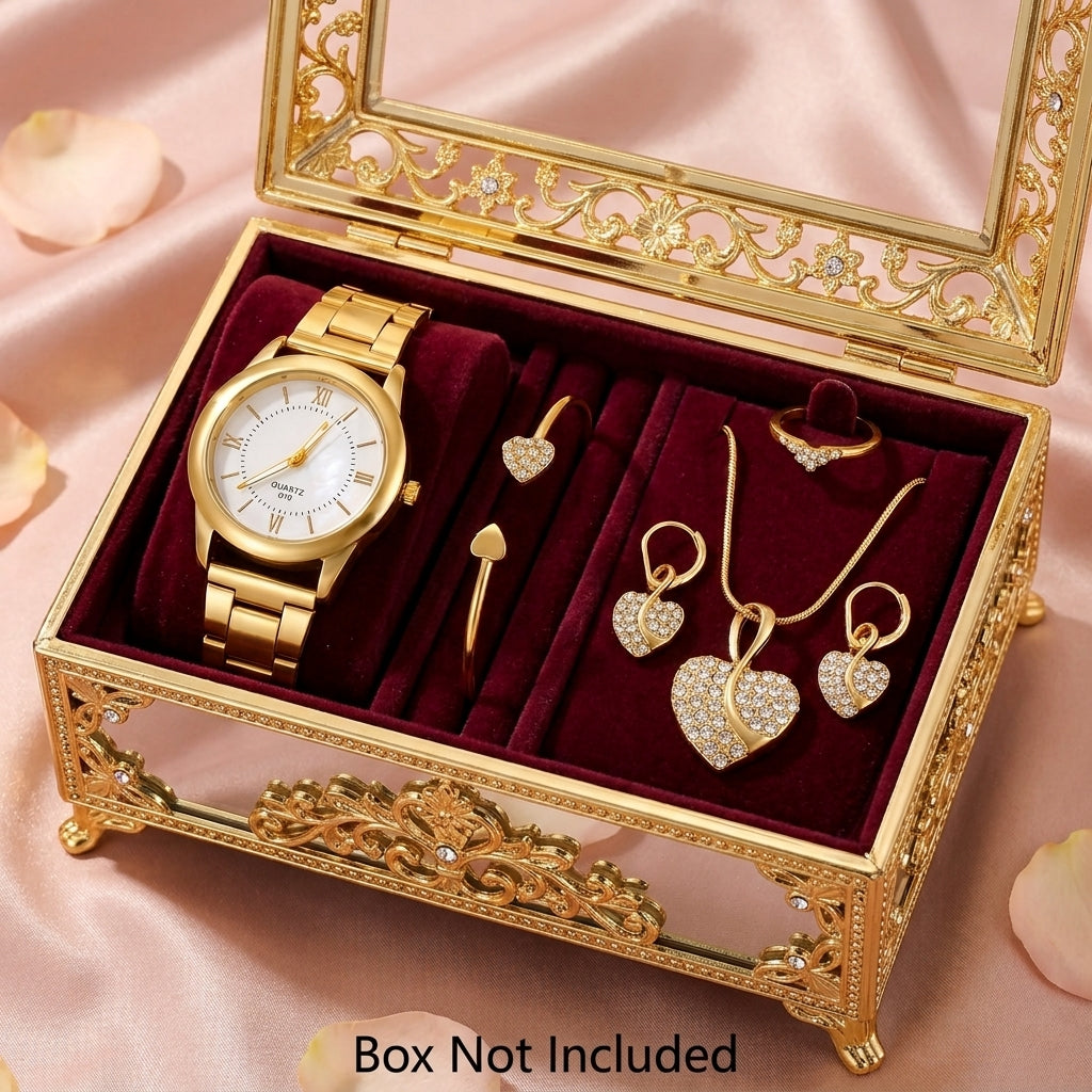 AMORA Set Femme 5 Pièces · Montre Dorée + 4 Bijoux Cœur Sertis - BF