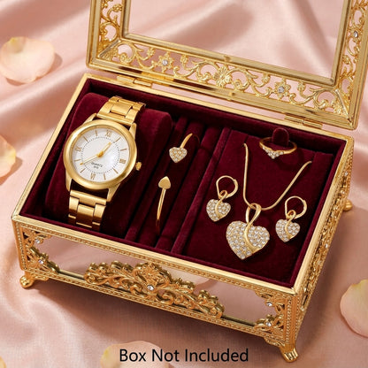 AMORA Set Femme 5 Pièces · Montre Dorée + 4 Bijoux Cœur Sertis - BF