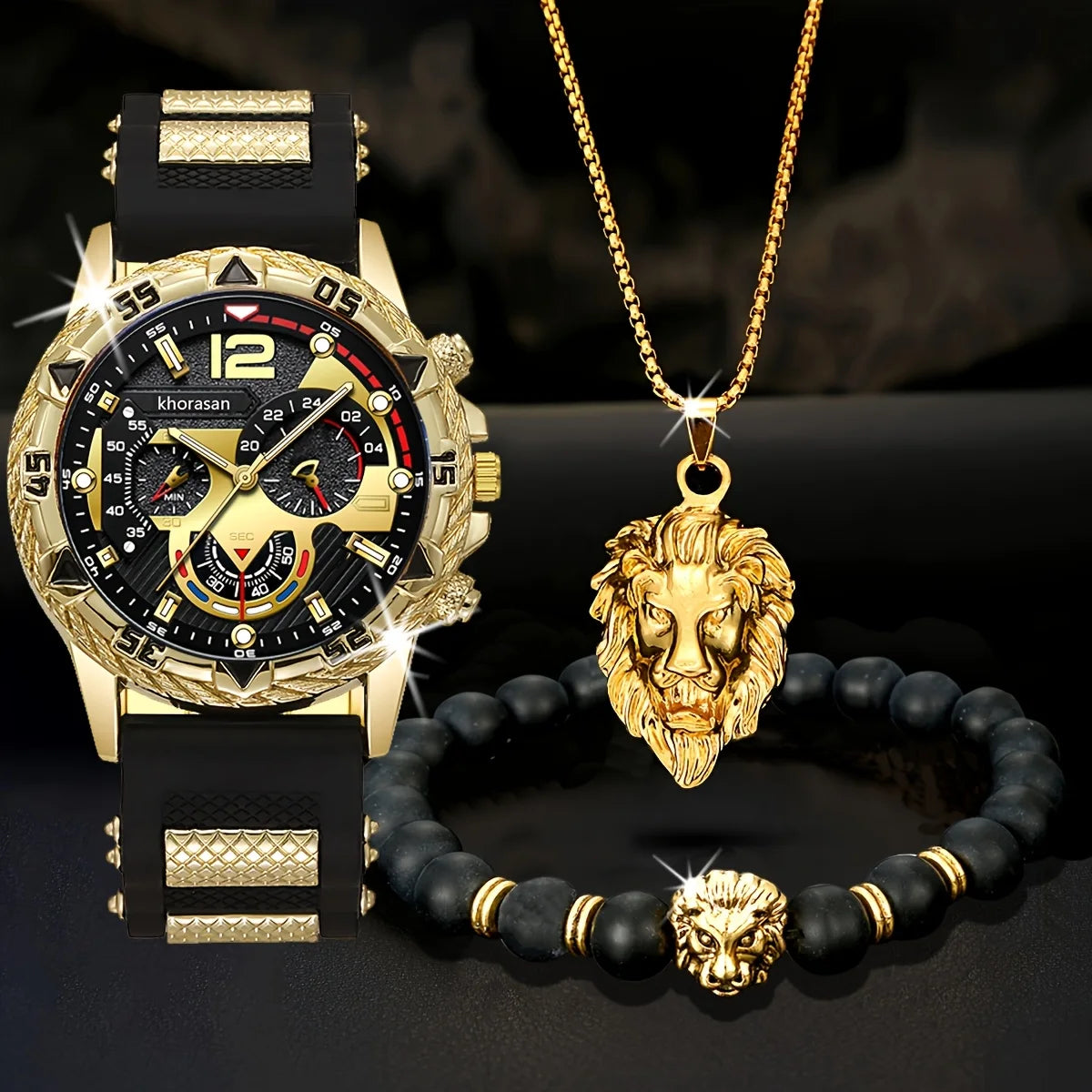 LEONIS 🦁 Set Homme 3 Pièces · Montre + Bracelet + Chaîne Lion - ML