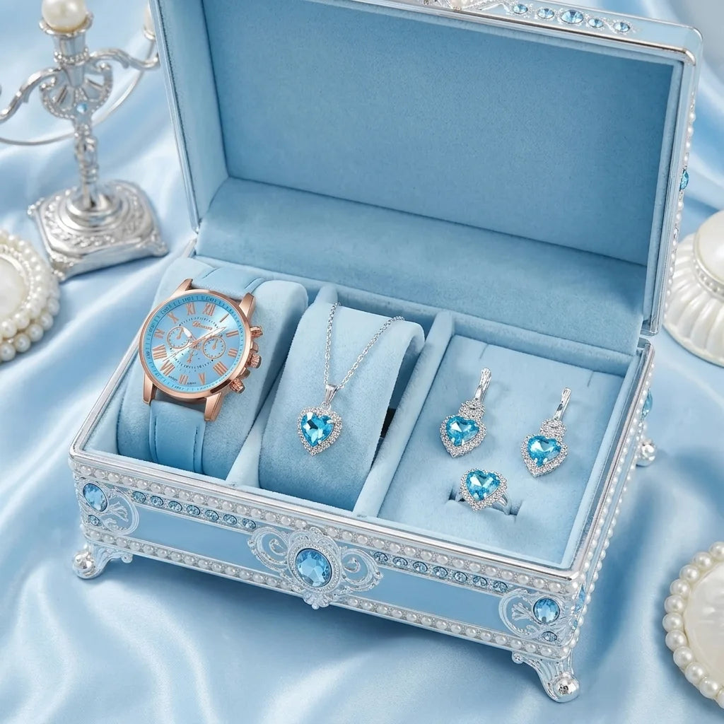 AZURA 💙 Set Femme 4 Pièces · Montre Bleue + Collier, Boucles & Bague Cœur - BF