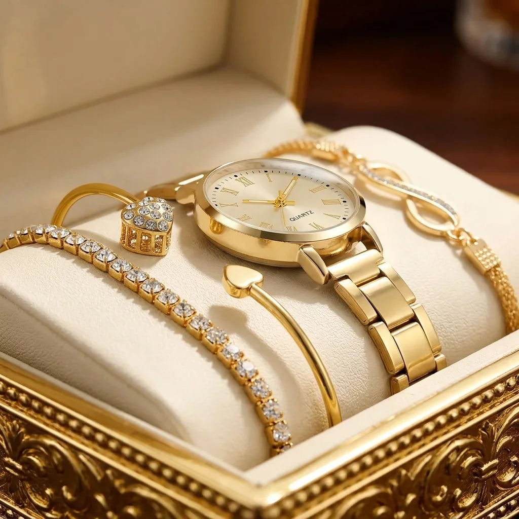 Set Royale Élégance Diamantino – Montre Dorée & Bracelets Luxueux - CI