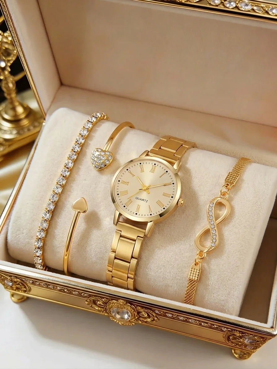 Set Royale Élégance Diamantino – Montre Dorée & Bracelets Luxueux - CI