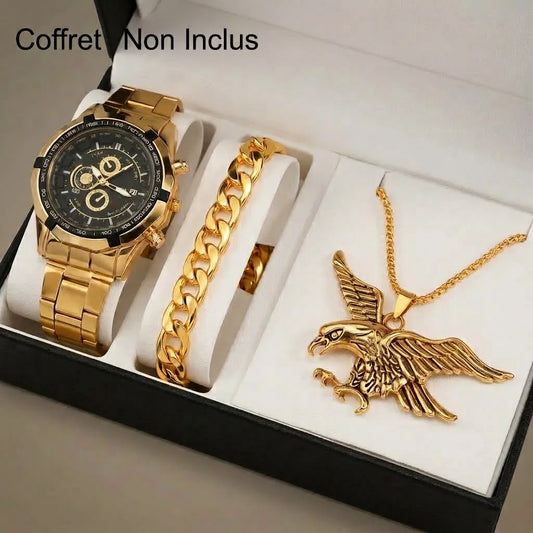 AQUILA Set Homme 3 Pièces · Montre Or & Noir + Gourmette & Pendentif Aigle - CI