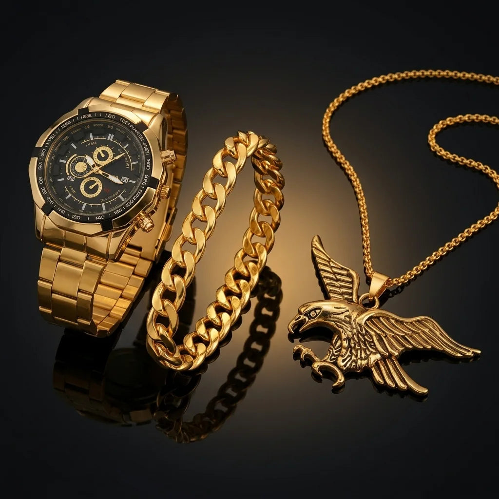 AQUILA Set Homme 3 Pièces · Montre Or & Noir + Gourmette & Pendentif Aigle - CI