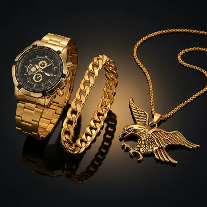 AQUILA Set Homme 3 Pièces · Montre Or & Noir + Gourmette & Pendentif Aigle - CI