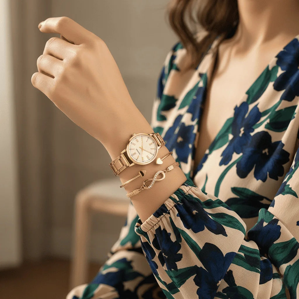 Set Royale Élégance Diamantino – Montre Dorée & Bracelets Luxueux - CI