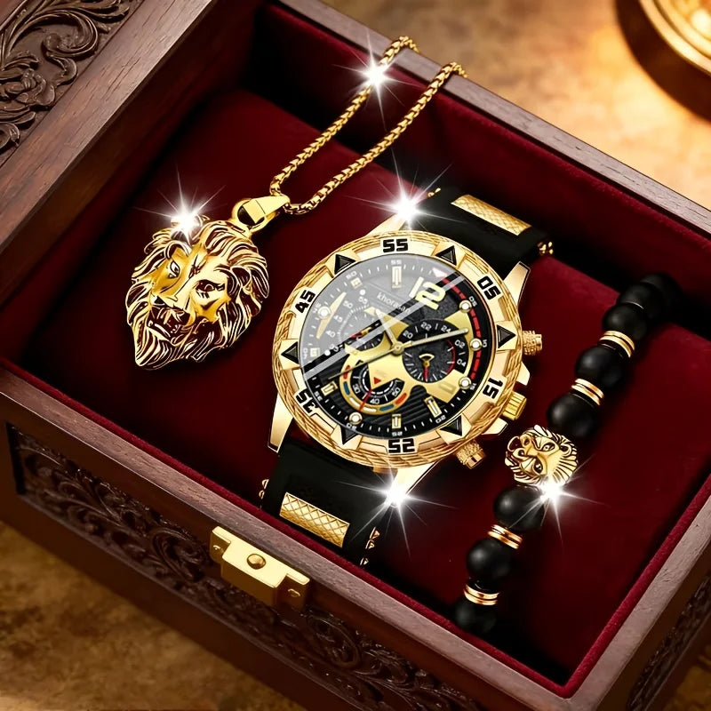 LEONIS 🦁 Set Homme 3 Pièces · Montre + Bracelet + Chaîne Lion - CI