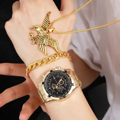 AQUILA Set Homme 3 Pièces · Montre Or & Noir + Gourmette & Pendentif Aigle - CI
