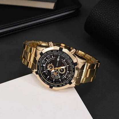 AQUILA Set Homme 3 Pièces · Montre Or & Noir + Gourmette & Pendentif Aigle - CI