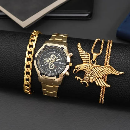AQUILA Set Homme 3 Pièces · Montre Or & Noir + Gourmette & Pendentif Aigle - CI