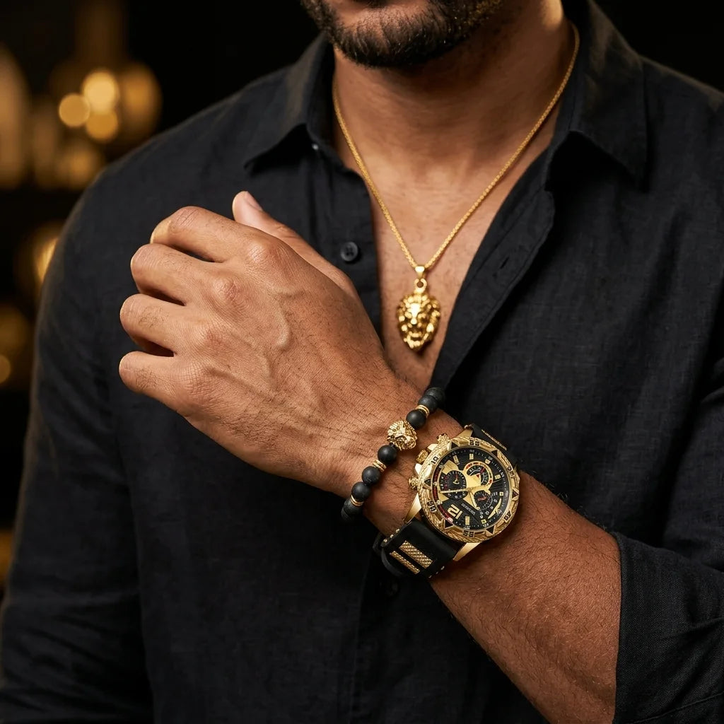LEONIS 🦁 Set Homme 3 Pièces · Montre + Bracelet + Chaîne Lion - ML
