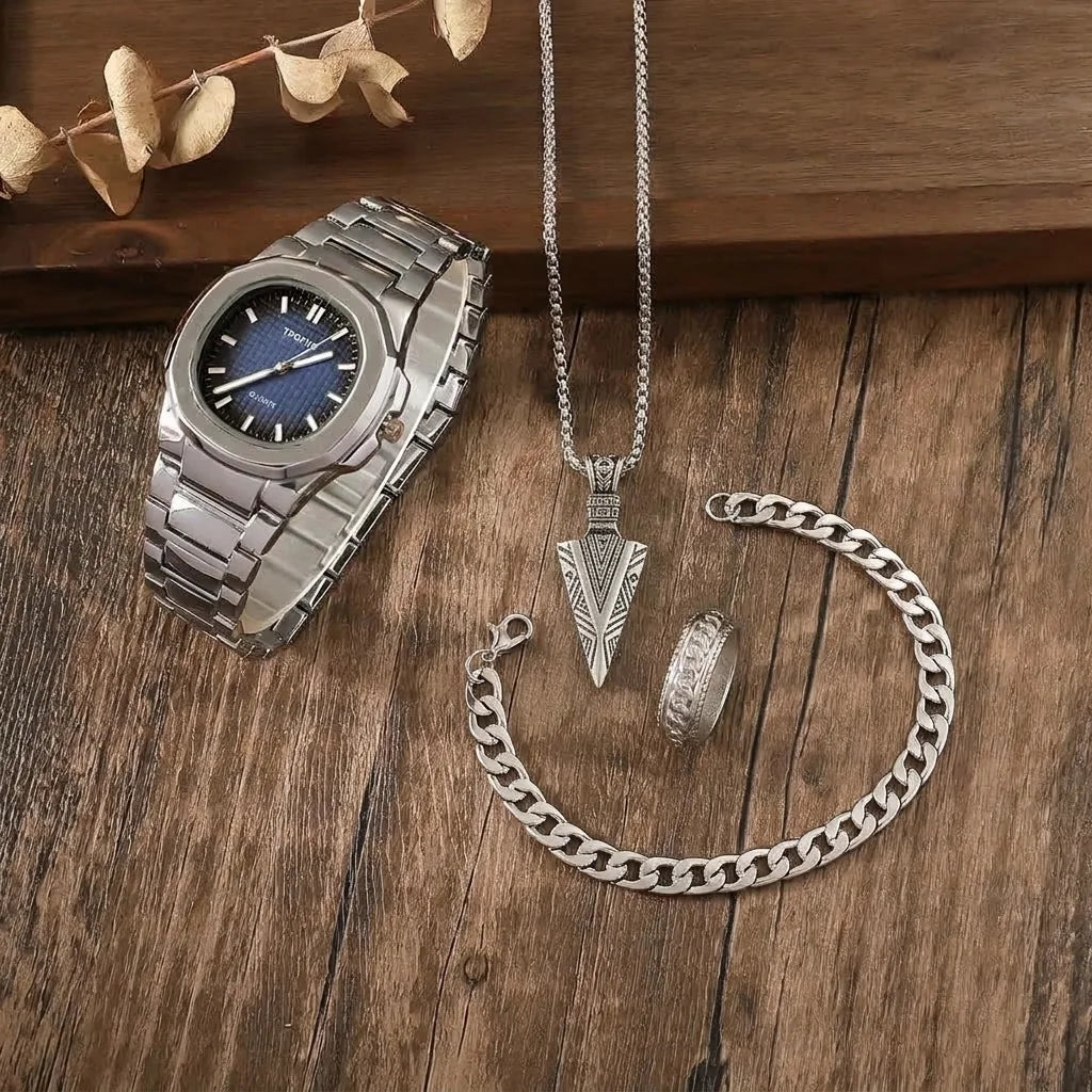 SPARTA ⚔️ Set Homme 4 Pièces · Montre Cadran Bleu + Gourmette, Pendentif & Bague - CI